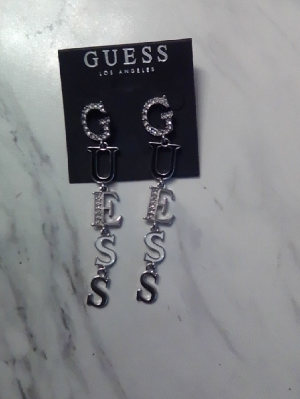GUESS Silver Crystal Logo Drop Earrings - Silver Tone